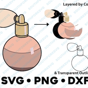 Vintage parfumflesje SVG PNG DXF gelaagd op kleur gesneden bestand Clip Art Vectorafbeelding schattig pictogram portemonnee borstel make-up lippen lippenstift kleding