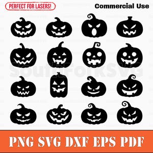 May include: A set of 16 black and white pumpkin silhouette illustrations. The pumpkins have different facial expressions, including smiling, frowning, and surprised. The illustrations are perfect for Halloween crafts and decorations.