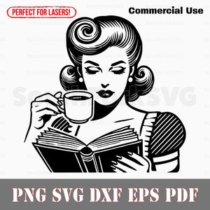 Retro meisje lezen & koffie svg png dxf eps pdf-bestanden | Gesneden print lasergravure CNC kleurstof vinyl | Directe download voor commercieel gebruik