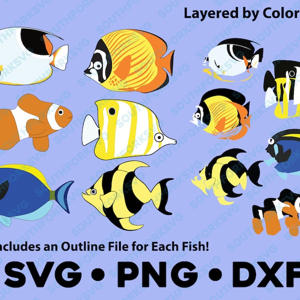 Tropical Fish SVG PNG DXF Bundle Layered by Color Cut File vector transparent  cameo silhouette sea ocean beach clownfish colorful