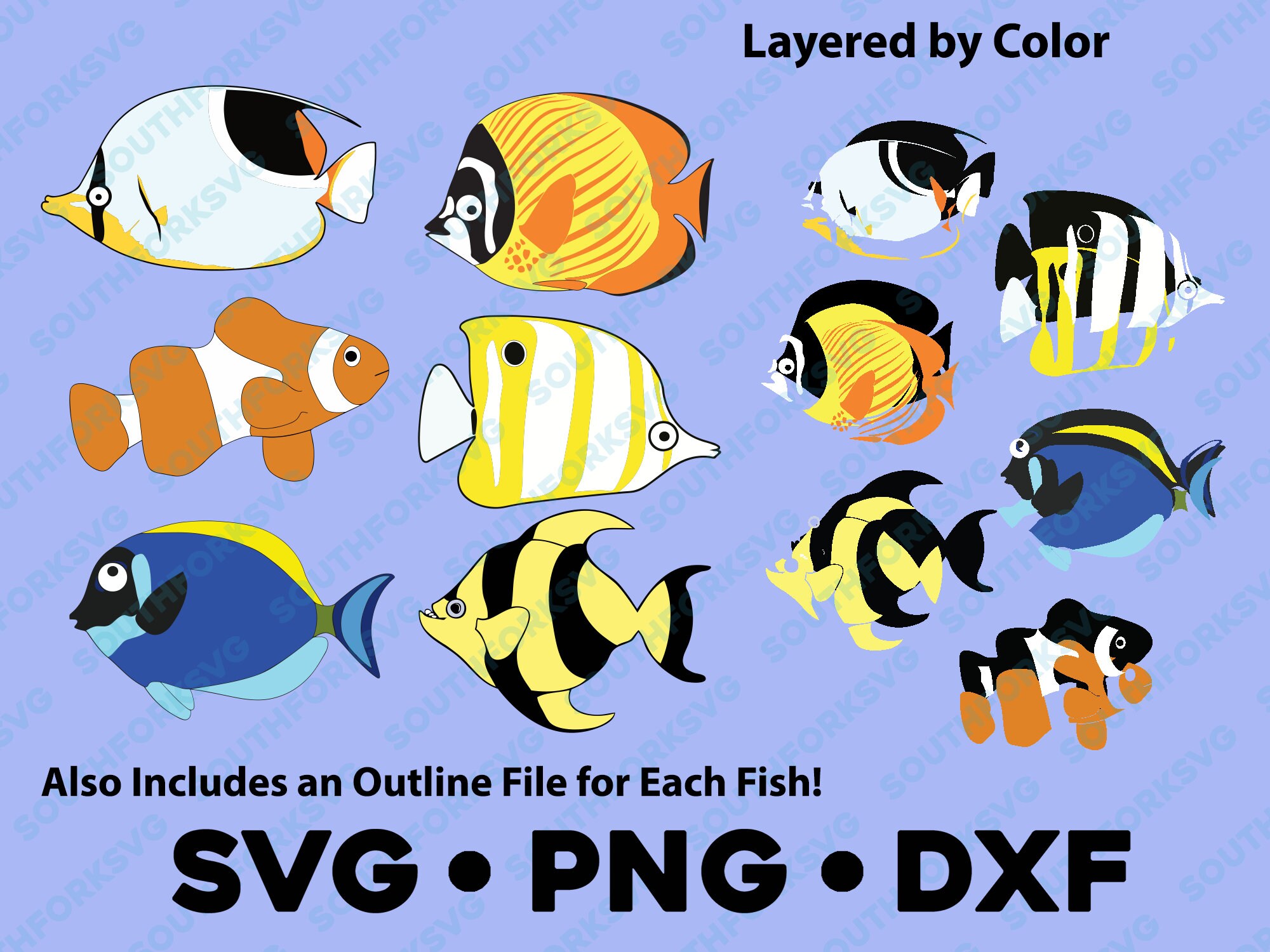 Tropical Fish SVG PNG DXF Bundle Layered by Color Cut File vector transparent  cameo silhouette sea ocean beach clownfish colorful