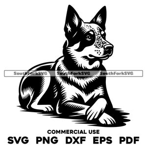 Blauwe heeler leggen gekruiste poten ontwerp svg png dxf eps pdf | vectorafbeelding gesneden bestand laser clip art instant digitale download commercieel gebruik