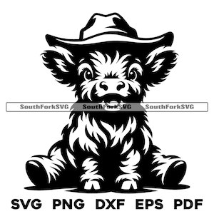 Baby Highland Cowboy i cowboyhatt svg png dxf eps pdf | transparent vektorgrafikdesign klipp utskrift färgämnesub lasergravyr filer kommersiellt bruk