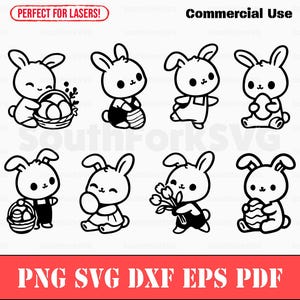 Op de afbeelding: Een set van acht zwart-witte digitale clipart-afbeeldingen van konijnen die Pasen-thema-items vasthouden, waaronder eieren, manden, bloemen en een wortel. De tekst "PERFECT FOR LASERS!" en "Commercial Use" is opgenomen in de afbeelding.