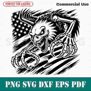 May include: Black and white illustration of a skeletal eagle with claws outstretched, emerging from an American flag.