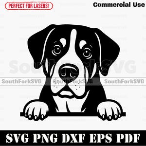 Puede incluir: Gráfico en blanco y negro de la cara y las patas de un perro, con el texto "SVG PNG DXF EPS PDF" debajo. La imagen también incluye el texto "Commercial Use" y "Perfect for Lasers!"