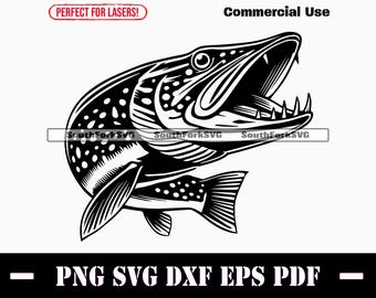 May include: Black and white illustration of a largemouth bass with its mouth open, showing sharp teeth. The fish is detailed with scales and fins.