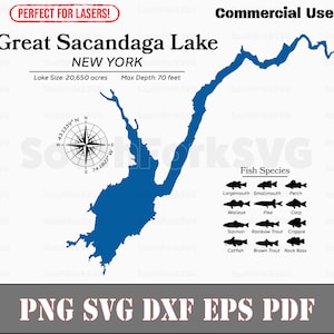 Große Sacandaga See Karte mit Daten, Fischarten | Laserfertiger CNC-Druck Dye Sub | svg png dxf eps pdf | Sofort Download Kommerzielle Nutzung