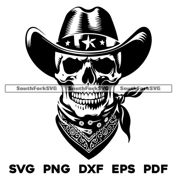 Outlaw Skull Cowboy Hat & Bandana svg png dxf eps pdf | vector graphic cut file laser clip art | instant digital download commercial use