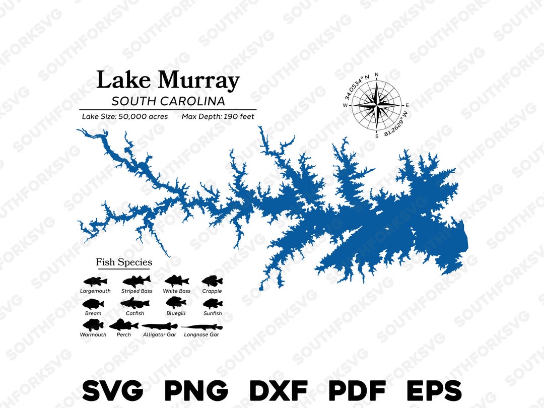 Lake Murray South Carolina Map Data, Fish Species Laser Ready CNC Print