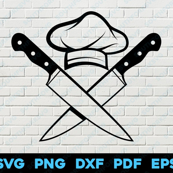 Chefs Hat Crossed Knives svg png dxf pdf eps Cut File Clip Art Vector Graphic Image Transparent Cook Chef Kitchen Food Cafe Simple Food Icon