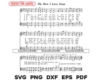 May include: Black and white sheet music with the title "Oh, How I Love Jesus". The lyrics include the words "There is a name I love to hear", "It tells me of a Saviour's love", "It tells me what my Father hath in store for every day", and "It tells of One whose loving heart can feel my deepest woe".