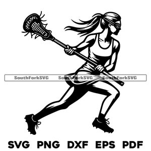 Peut inclure: Silhouette noire et blanche d'une joueuse de lacrosse courant avec un bâton de lacrosse à la main.