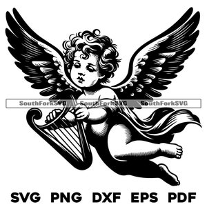 Baby Angel Cherub with Harp 1 | svg png dxf eps pdf | transparent vector graphic design cut print dye sub laser engrave files commercial use