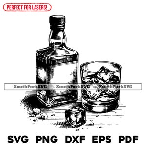 古いウイスキー酒瓶とガラスのレーザーファイル svg png dxf eps pdf ベクターグラフィックデザイン カットプリント ダイサブ CNC デジタルファイル 商用利用