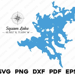 Squam Lake New Hampshire Mapa Forma Silueta svg png dxf pdf eps vector diseño gráfico corte grabado archivo láser imagen barco lago casa