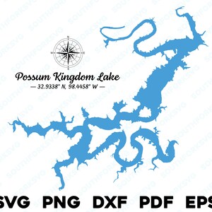 Possum Kingdom Lake Texas Mapa Forma Silhueta svg png dxf pdf eps vetor design gráfico corte gravura arquivo laser imagem barco lago casa