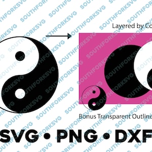 May include: Black and white Yin Yang symbol design. The design is layered on a pink background. The text "SVG. PNG. DXF" is below the design. The text "Bonus Transparent Outline" is above the design.