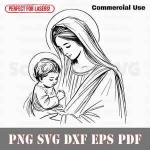 Virgen María con Niño Archivos de Grabado Láser svg png dxf eps pdf / diseño gráfico vectorial corte tinte de impresión sub cnc archivo digital uso comercial