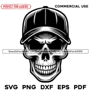 Skull in Baseball Hat Design | svg png dxf eps pdf | vector graphic design cut print laser engrave files | digital download commercial use