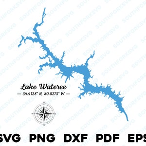 Mapa del lago Wateree, Carolina del Sur, silueta, svg, png, dxf, pdf, eps, diseño gráfico vectorial, corte, grabado, archivo láser, imagen, navegación, lago, casa