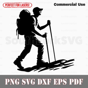 Puede incluir: Silueta negra de un excursionista con una mochila y bastones de senderismo caminando cuesta arriba.