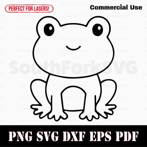 May include: A black and white cartoon frog illustration. The frog has large eyes and a smiling mouth. The image includes the text "Commercial Use" and "PNG SVG DXF EPS PDF".