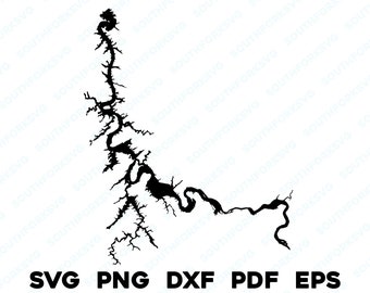 May include: Black and white silhouette of a lake with a winding shoreline. The lake is shaped like a long, narrow finger with many inlets and coves.