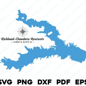 Richland-Chambers Reservoir TX Lago Mapa Forma Contorno Silueta svg png dxf pdf eps vector diseño gráfico grabado corte láser archivo barco casa