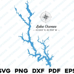 Lac Oconee Géorgie carte forme Silhouette svg png dxf pdf eps conception graphique vectorielle coupe gravure fichier laser image bateau lac