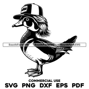 May include: Black and white illustration of a wood duck wearing a baseball cap. The duck is facing the right side of the image. The duck has a long, flowing mane of feathers. The duck is standing on its two feet.