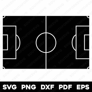 May include: A black and white illustration of a soccer field with lines marking the center circle, penalty areas, and goal boxes.