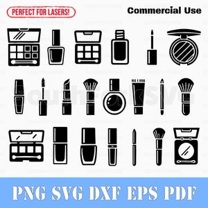 May include: A set of 18 black and white icons of makeup and beauty products. The icons include eyeshadow palettes, lipstick, mascara, eyeliner, foundation, blush, and brushes. The icons are perfect for use in digital projects, such as websites, social media, and presentations.