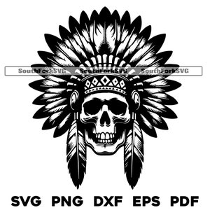 Schädel mit Federschmuck | svg png dxf eps pdf | laser cut print gravieren Dye sub Vektorgrafik-Design | digitaler Download kommerzielle Nutzung