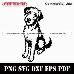 Könnte beinhalten: Schwarz-Weiß-Illustration eines sitzenden Hundes mit flauschigem Fell und aufmerksamem Blick. Das Bild enthält den Text "Commercial Use" und "Perfect for Lasers!" oben und "PNG SVG DXF EPS PDF" unten.