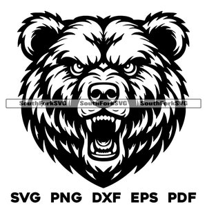May include: Black and white illustration of a bear's head with a fierce expression. The bear has a large, open mouth with sharp teeth, and its eyes are narrowed in anger.