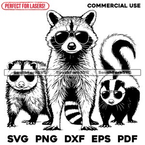 Raton laveur, opossum, mouffette lunettes de soleil svg png dxf eps pdf conception graphique vectorielle coupe impression colorant sub laser graver fichier numérique cnc usage commercial