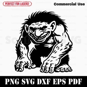 May include: Black and white illustration of a snarling, hairy, troll-like creature with a large nose. The creature is crouched down with its arms bent and its fists clenched.