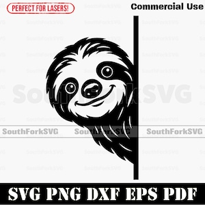 May include: Black and white graphic of a smiling sloth peeking from behind a vertical line. The image includes the text "Commercial Use" and "SVG PNG DXF EPS PDF". The text "SouthForkSVG" is also present.