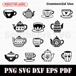 Bules e xícaras de chá Bundle svg png dxf eps pdf | design gráfico vetorial corte impressão sublimação de tinta gravação a laser arquivos download digital uso comercial