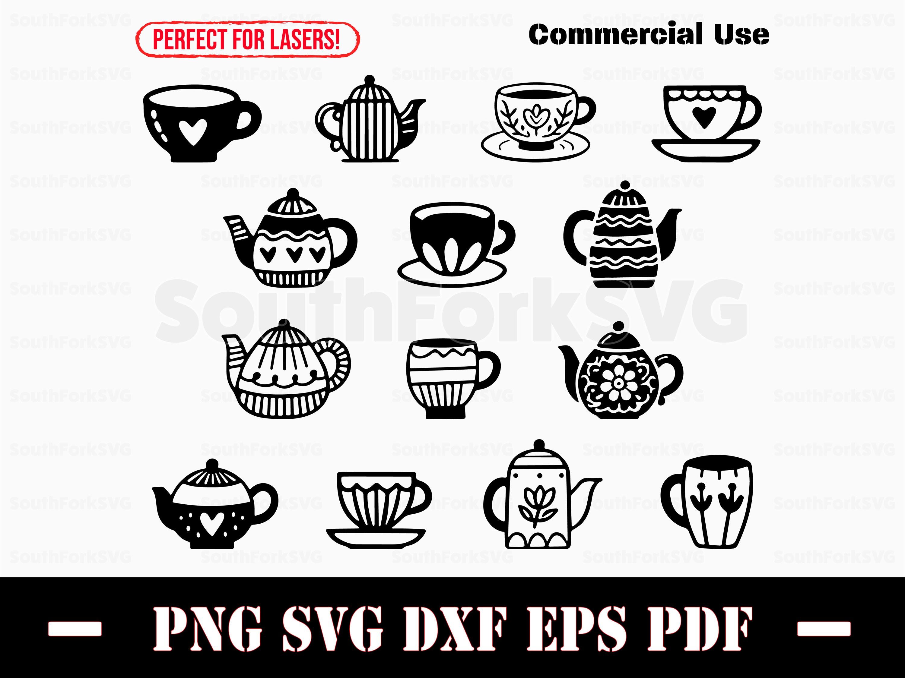 Theepotten en kopjes bundel svg png dxf eps pdf | vector grafisch ontwerp knippen print kleurstof sub laser graveren bestanden digitale download commercieel gebruik
