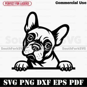 Puede incluir: Gráfico en blanco y negro de un bulldog francés mirando por encima de una línea horizontal. Incluye el texto "SVG PNG DXF EPS PDF" y "Commercial Use". También está presente el logotipo "SouthForkSVG".