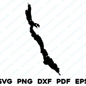 Long Lake Maine Mapa Forma Silueta svg png dxf pdf eps vector diseño gráfico corte grabado archivo láser imagen barco lago casa