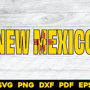May include: Yellow text on a white wood background reads "NEW MEXICO" with the state flag of New Mexico in the middle of the word "MEXICO".