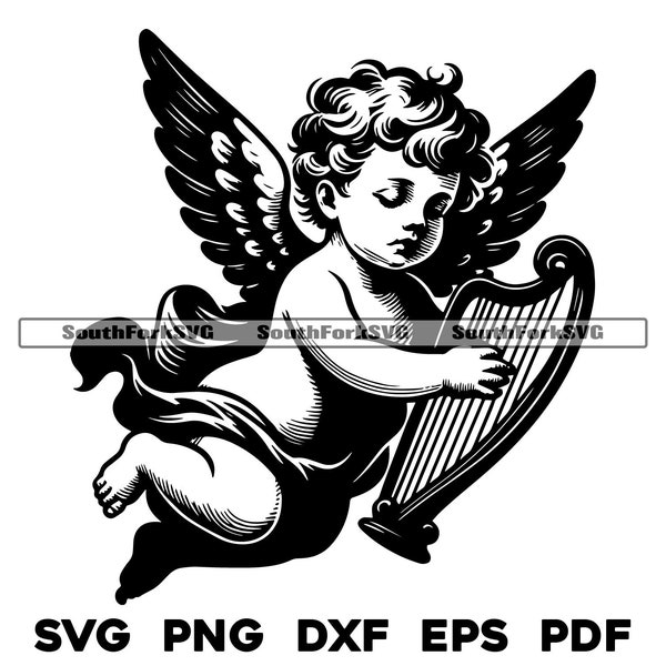 Baby Angel Cherub with Harp 2 | svg png dxf eps pdf | transparent vector graphic design cut print dye sub laser engrave files commercial use