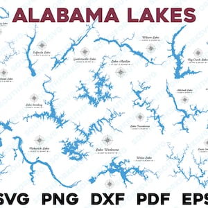 18 Alabama Lake Mega Bundle mit Kompass & GPS Koordinaten | svg png dxf eps | vektorgrafik, schneiden, drucken, gravieren, lasern, dateien