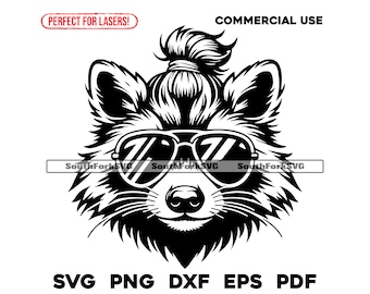 Waschbär Messy Bun & Sonnenbrillen | svg png dxf eps pdf | Vektorgrafik Design Cut Print Dye sub Laser gravieren digitale Dateien Kommerzielle Nutzung