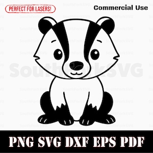 以下が含まれることがあります： 「Commercial Use」と「PNG SVG DXF EPS PDF」の文字が入った、白黒の漫画のアナグマのイラスト。アナグマは白い顔と腹を持ち、背中には黒い縞模様があります。「Perfect for Lasers!」の文字は赤いバナーに入っています。
