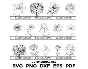 Könnte beinhalten: Ein Satz von 10 Schwarzweiß-Linienzeichnungen von Blumen. Die Blumen umfassen eine Lilie, einen Strauß, eine Rose, einen Hortensienstrauß, eine Gänseblümchen, eine Narzisse, eine Iris, eine Dahlie, eine Mohnblume, eine Tulpe, eine Nelke und eine Pfingstrose.