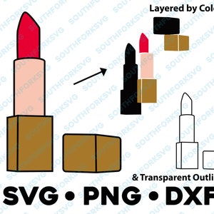 May include: A layered design of a red lipstick with a gold tube and a black and gold tube. The design is also shown in a white outline.